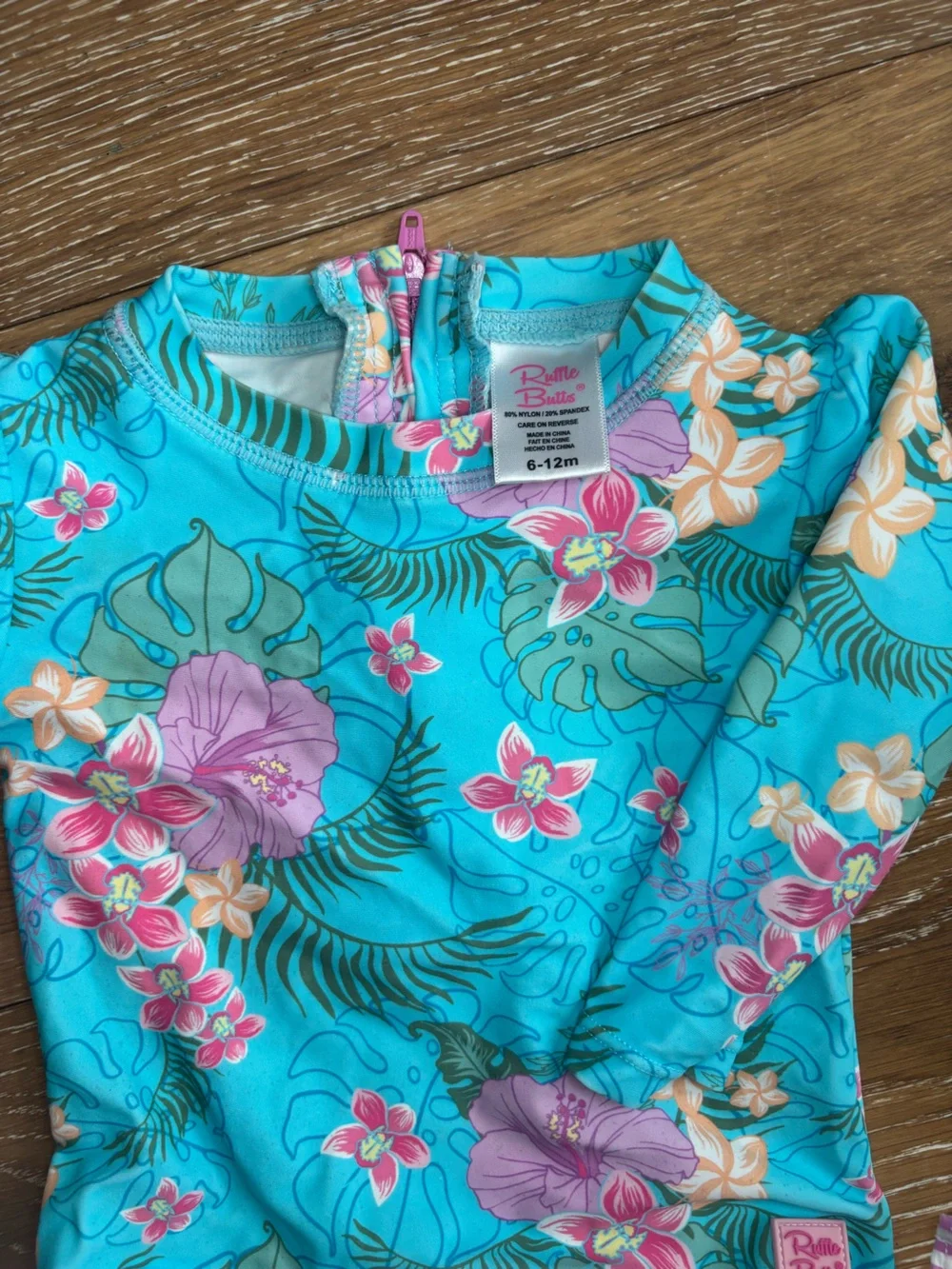RuffleButts Tropical Floral Long Sleeve Rash Guard Swimsuit 6-12M